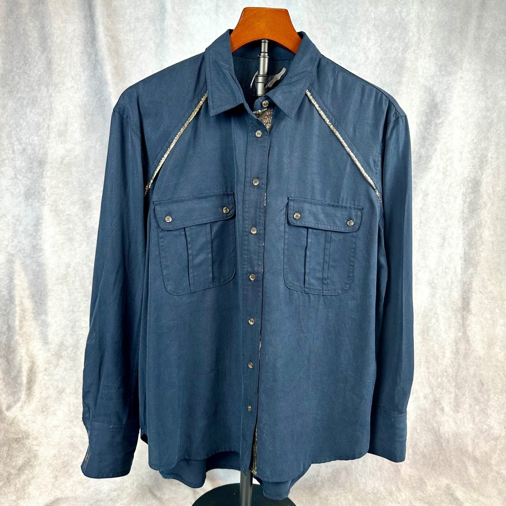 Free People Navy Blue Off Campus Long Sleeve Button Up Shirt Women's Size S